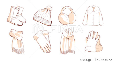冬の暖かい服飾アイテムコレクション（白塗り影付き）｜マフラー, 手袋, コート, ブーツ, ニット帽 132863072