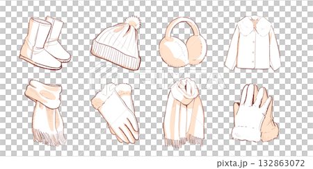 冬の暖かい服飾アイテムコレクション（白塗り影付き）｜マフラー, 手袋, コート, ブーツ, ニット帽 132863072