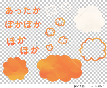 Warm and cozy cloud-shaped speech bubble and text set | Fluffy, orange, soft atmosphere, vector 132863073