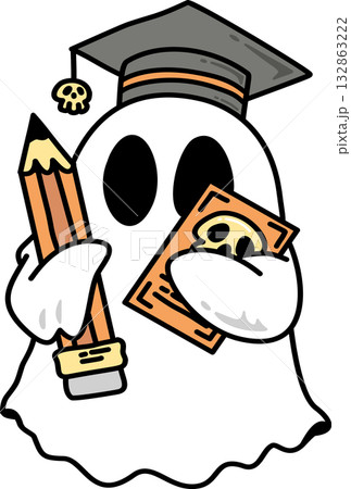 Cartoon Halloween Groovy Ghost Graduate Holding Pencil and Book 132863222