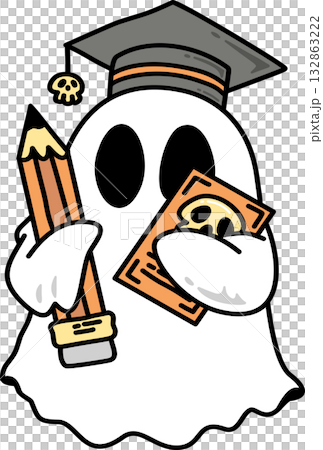 Cartoon Halloween Groovy Ghost Graduate Holding Pencil and Book 132863222