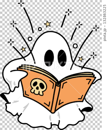 Cartoon Halloween Groovy Ghost Reading Magic Book Cartoon Halloween Groovy Ghost Reading Magic Book 132863225