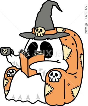 Cartoon Groovy Ghost Reading Book in Halloween Day Cartoon Groovy Ghost Reading Book in Halloween Day 132863226