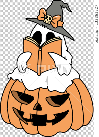 Cartoon Ghost Reading on a Halloween Pumpkin 132863227