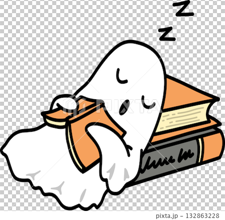 Cartoon Halloween groovy ghost sleeping on the book 132863228