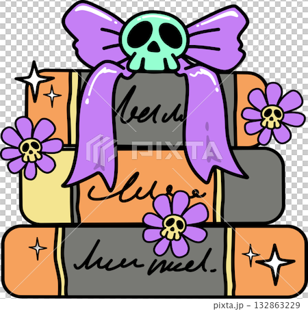 Cartoon groovy Stack of Spooky Books with Skull and Bow  132863229