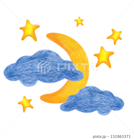 The crescent moon, golden stars and dark clouds are hand-drawn. Pencil drawing of the night sky isolated on a white background. Clipart. For stickers and decals. 132863371