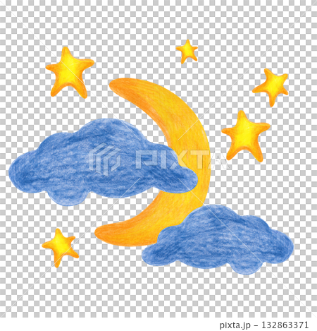 The crescent moon, golden stars and dark clouds are hand-drawn. Pencil drawing of the night sky isolated on a white background. Clipart. For stickers and decals. 132863371