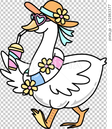 Retro Groovy Cartoon Goose with Summer Accessories Retro Groovy Cartoon Goose with Summer Accessories 132863377