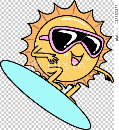Retro Groovy Cartoon Sun Character Surfing with Sunglasses	 132863378