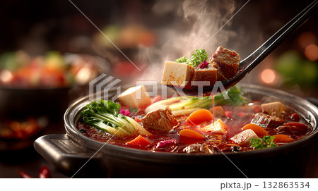 hot chili with meat and vegetables hot chili with meat and vegetables 132863534