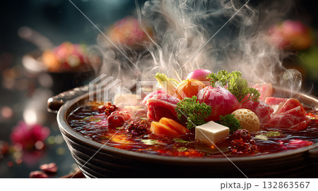 hot chili sauce with steam rice 132863567