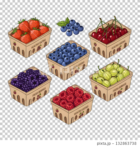 Various berries in supermarket carton boxes. Strawberry, blueberry, cherry, raspberry, gooseberry and blackberry set. Healthy eating concept. illustration design. 132863738