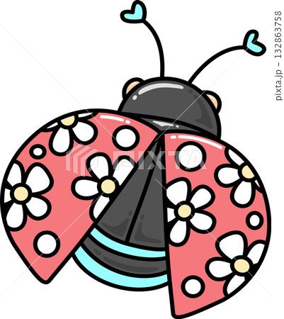 Retro Groovy Cartoon Ladybug with Floral Pattern	 132863758