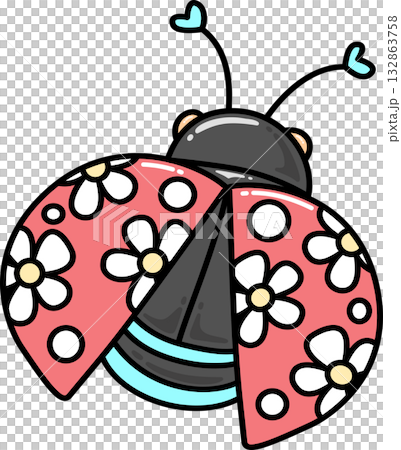 Retro Groovy Cartoon Ladybug with Floral Pattern	 132863758