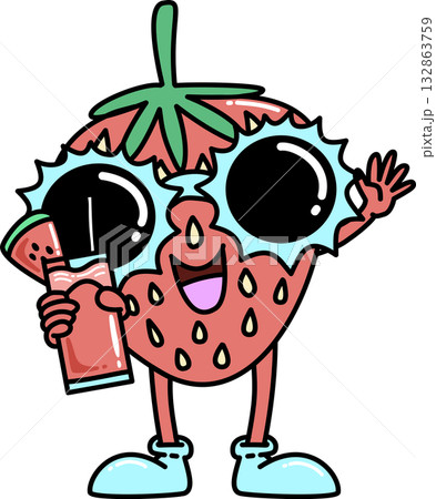 Retro Groovy Cartoon Strawberry with Drink and Sunglasses 132863759