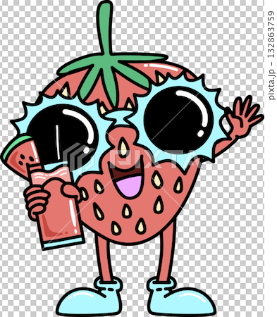 Retro Groovy Cartoon Strawberry with Drink and Sunglasses 132863759