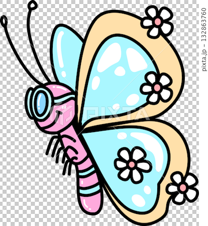 Retro Groovy Cute Cartoon Butterfly with Flowers Retro Groovy Cute Cartoon Butterfly with Flowers 132863760
