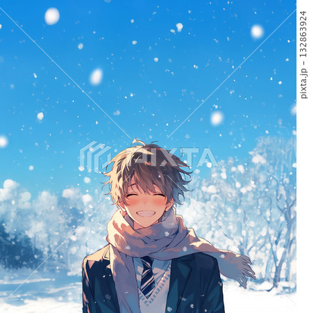 雪降る中でほほ笑む男子高校生　AI画像 132863924