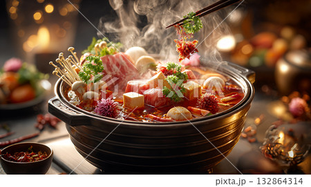 noodles with meat in soup 132864314