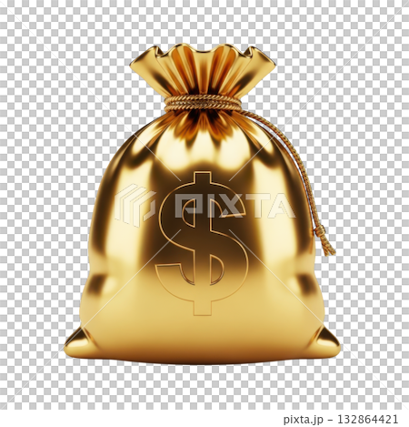 Golden money bag isolated on transparent background 132864421