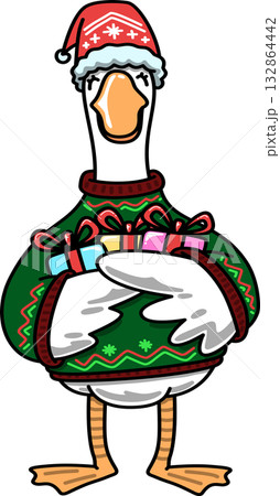 Christmas Groovy Goose with Gifts Wearing a Santa Hat Cartoon Christmas Groovy Goose with Gifts Wearing a Santa Hat Cartoon 132864442