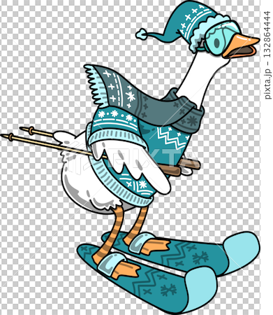 Groovy Goose Skiing in Winter Outfit Cartoon Groovy Goose Skiing in Winter Outfit Cartoon 132864444