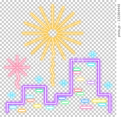 Neon Glow Firework and Cityscape Illustration Neon Glow Firework and Cityscape Illustration 132864448