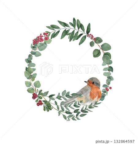Watercolor floral wreath with bird for Christmas  132864597