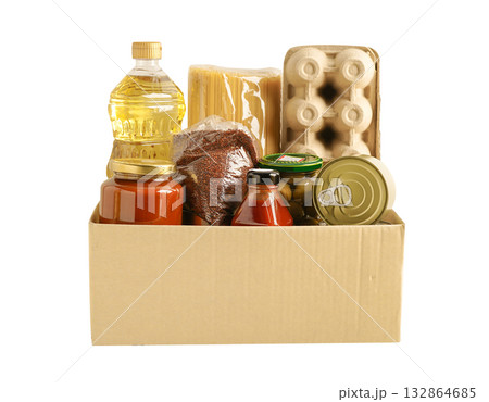 Foodstuffs in donation box isolated on white background with clipping path for volunteer to help people. Foodstuffs in donation box isolated on white background with clipping path for volunteer to help people. 132864685