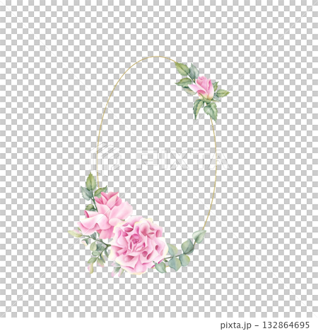 Oval golden frame Pink rose. Watercolor flower floral wreath, round template. Border with leaves, eucalyptus, pistachio. Isolated gold Illustration, decor and design for wedding invitation, label 132864695
