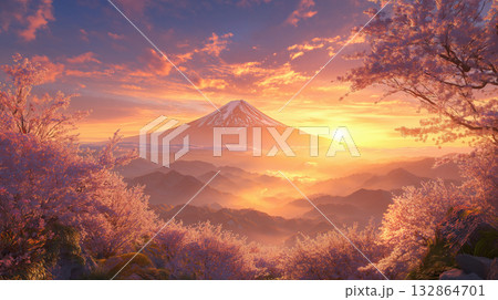 日本を象徴する初日の出と富士山	 132864701