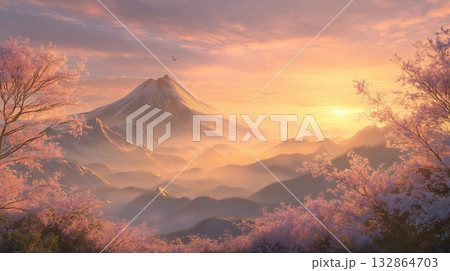 日本を象徴する初日の出と富士山	 132864703