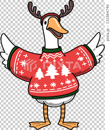 Groovy Goose Wearing Antlers and Christmas Sweater Cartoon Groovy Goose Wearing Antlers and Christmas Sweater Cartoon 132864740