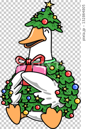 Groovy Goose Dressed as Christmas Tree Holding Gift Cartoon Groovy Goose Dressed as Christmas Tree Holding Gift Cartoon 132864805