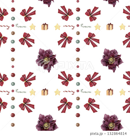 Watercolor Christmas and New Year seamless pattern with bow and flowers  132864814