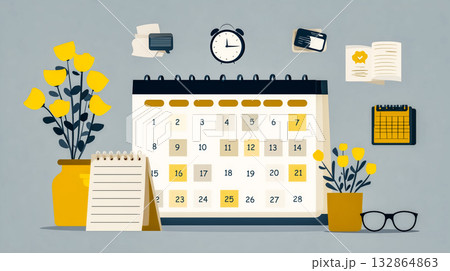 計画とスケジュール管理を象徴するカレンダーとデスクアイテム 132864863