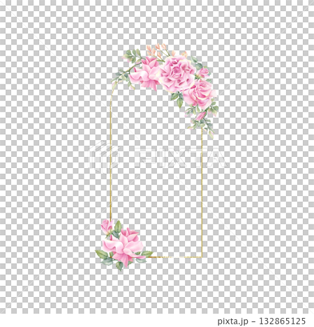 Arch golden frame rose flower. Watercolor floral arc wreath, art deco template. Linear border with leaves. Isolated thin curved line art, decor design for wedding invitation, label, greeting card 132865125