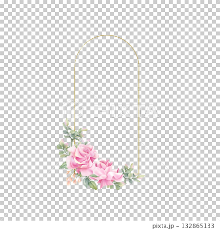 Arch golden linear frame rose flower. Watercolor floral arc wreath, art deco template. Border with leaves, freesia. Isolated gold thin curved line, decor design for wedding invitation, label Arch golden linear frame rose flower. Watercolor floral arc wreath, art deco template. Border with leaves, freesia. Isolated gold thin curved line, decor design for wedding invitation, label 132865133