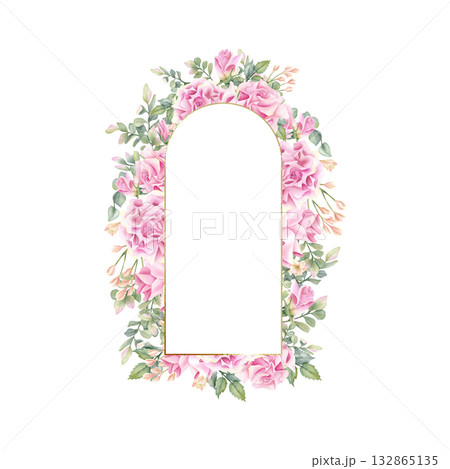 Arch golden frame with rose flower. Watercolor floral arc wreath, art deco template. Border with pistachio leaves, freesia. Isolated gold thin curved line, decor design for wedding invitation, label 132865135