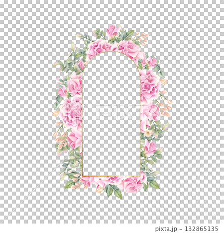 Arch golden frame with rose flower. Watercolor floral arc wreath, art deco template. Border with pistachio leaves, freesia. Isolated gold thin curved line, decor design for wedding invitation, label 132865135