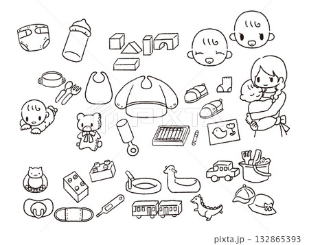 手描きの保育イラストセット白黒 132865393