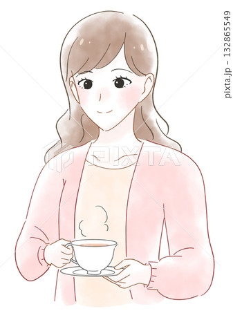 紅茶を飲む女性の水彩風イラスト 132865549