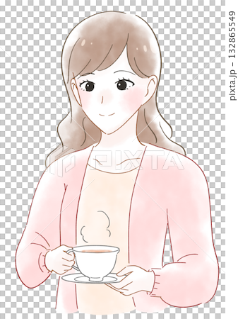 紅茶を飲む女性の水彩風イラスト 132865549