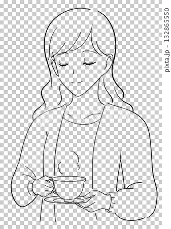 Black and white illustration of a woman drinking tea 132865550