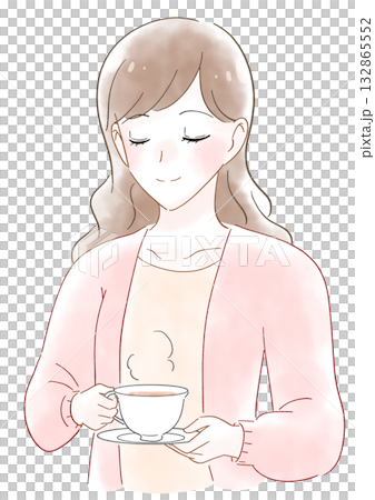 Watercolor illustration of a woman drinking tea 132865552
