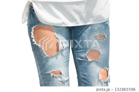 girl in modern ripped jeans isolated on white background girl in modern ripped jeans isolated on white background 132865596