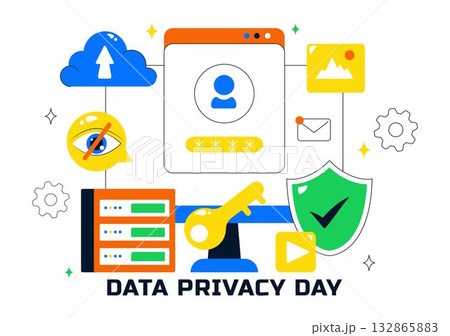 Data Privacy Vector Illustration Featuring Cybersecurity with a Lock on Screen, Secure Information, Confidential Documents and Digital Data Protection 132865883