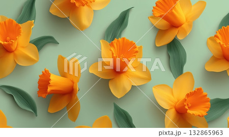 Top view arrangement of daffodils and green leaves on pastel background, perfect for spring themes and floral decoration concepts. Top view arrangement of daffodils and green leaves on pastel background, perfect for spring themes and floral decoration concepts. 132865963