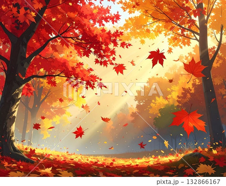 【AI生成画像】イラスト風　いつもの散歩道の紅葉の風景 132866167